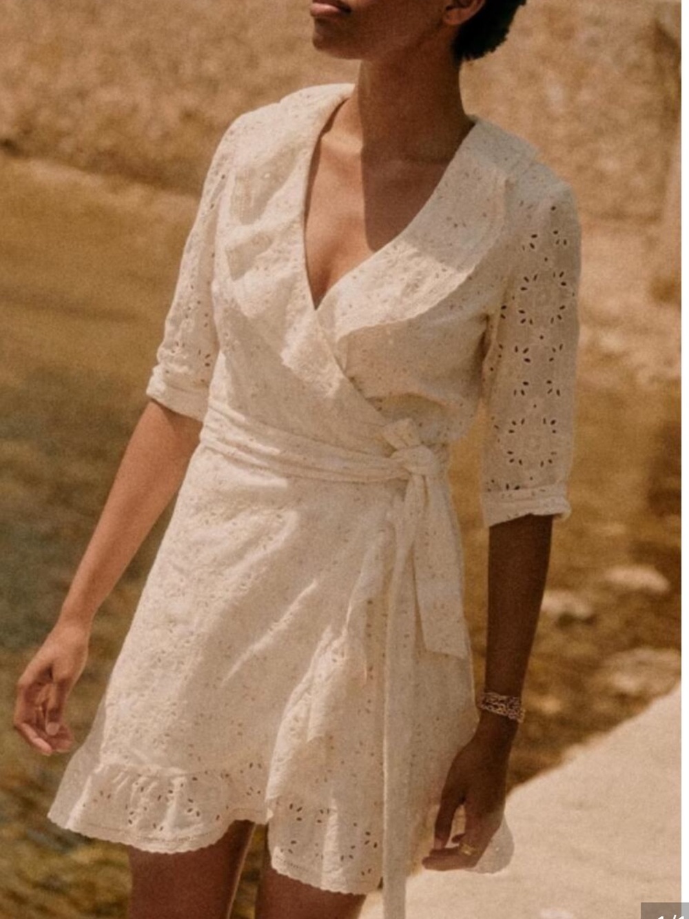 Sézane Cream Eyelet Wrap Mini Dress